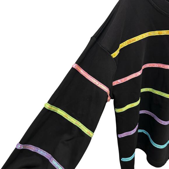 NWT Entro Black Multicolor Sequin Stripe Long Sleeve Sweatshirt Womens Large - Picture 8 of 8